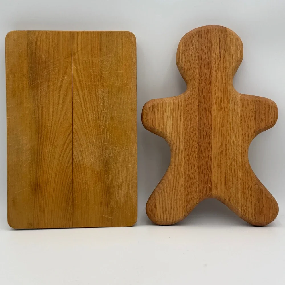Vintage Oak Wood Cutting Board Set Gingerbread Man Holiday Charcuterie 2pc
